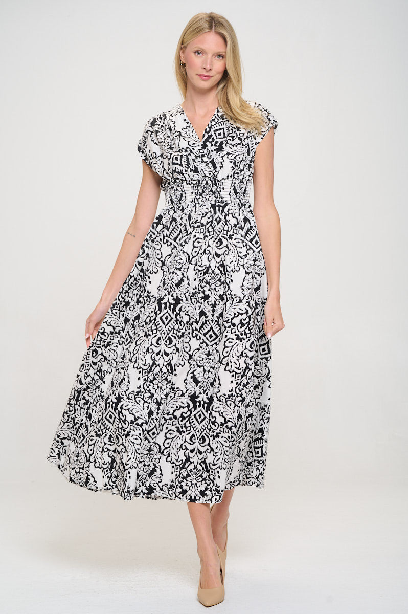 Print V-Neck Short Sleeve Dress - Smocked Waist