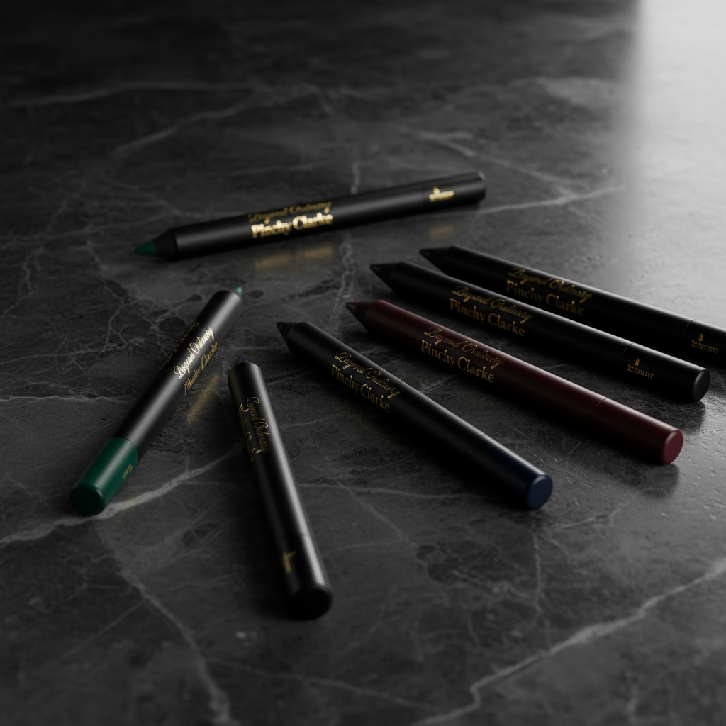 Pinchy Clarke Beyond Ordinary eyeliner pencils in emerald, burgundy and navy on marble