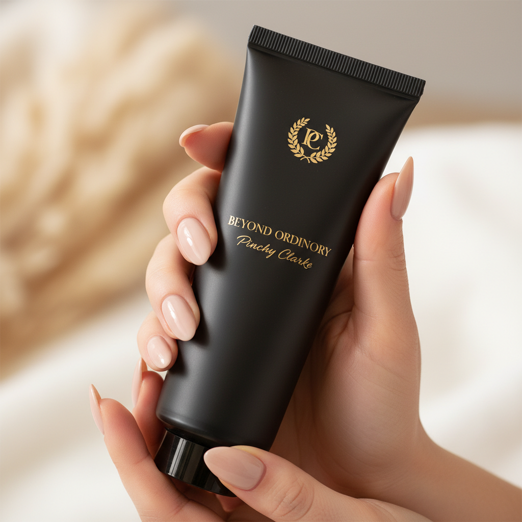 Model holding Pinchy Clarke Beyond Ordinary hand cream with manicured nails