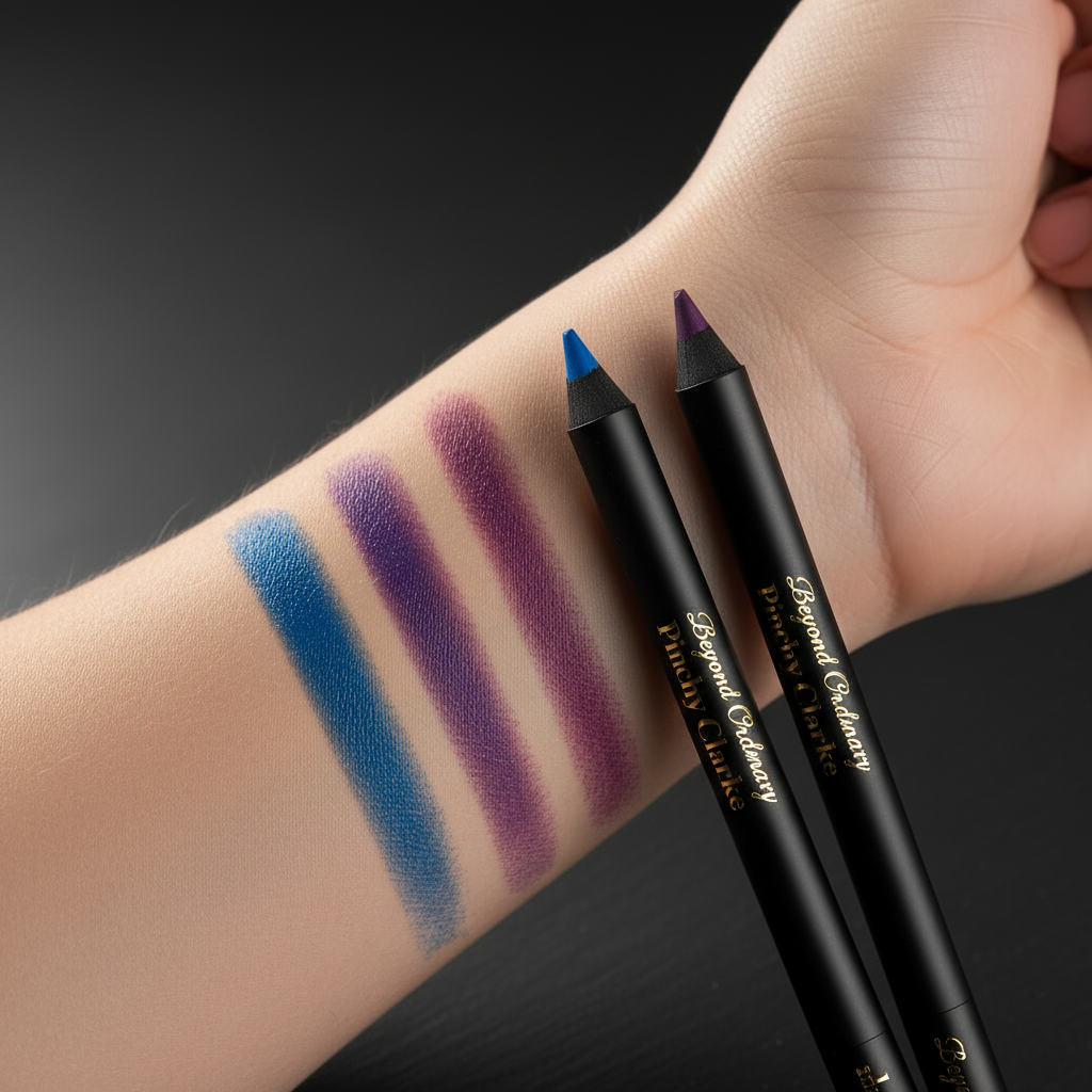 Pinchy Clarke Beyond Ordinary eyeliner color swatches in cobalt, plum and black on skin