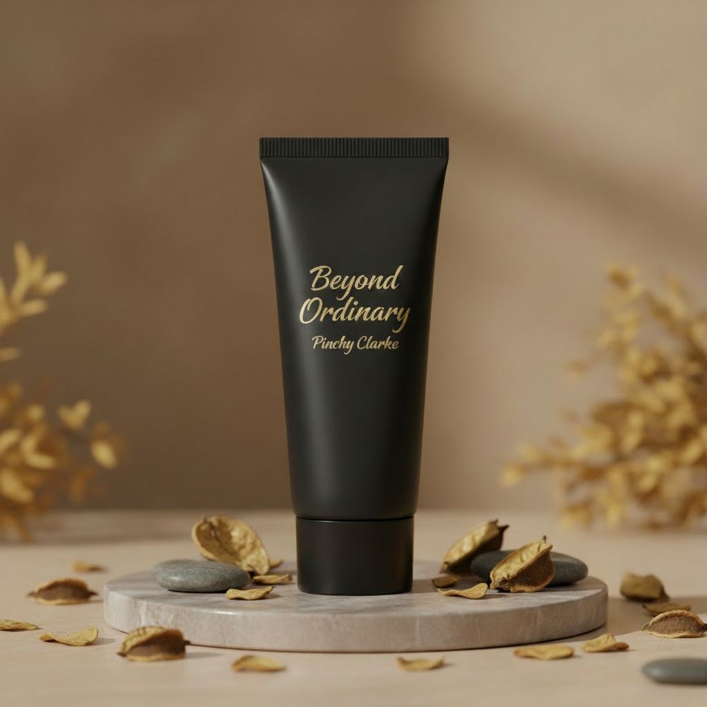 Pinchy Clarke Beyond Ordinary luxury hand cream in sleek black and gold packaging